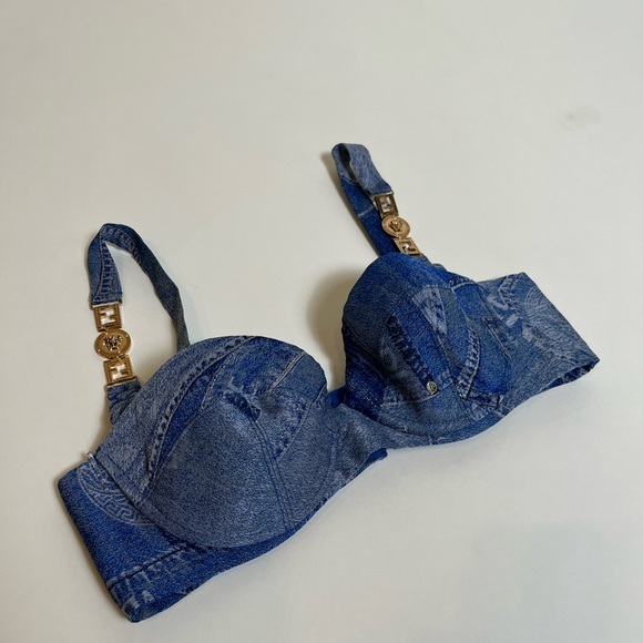 Fendace Fendi Versace Denim Bra Bustier Bralette Blue Patchwork Buckle Crop Top - Picture 6 of 11